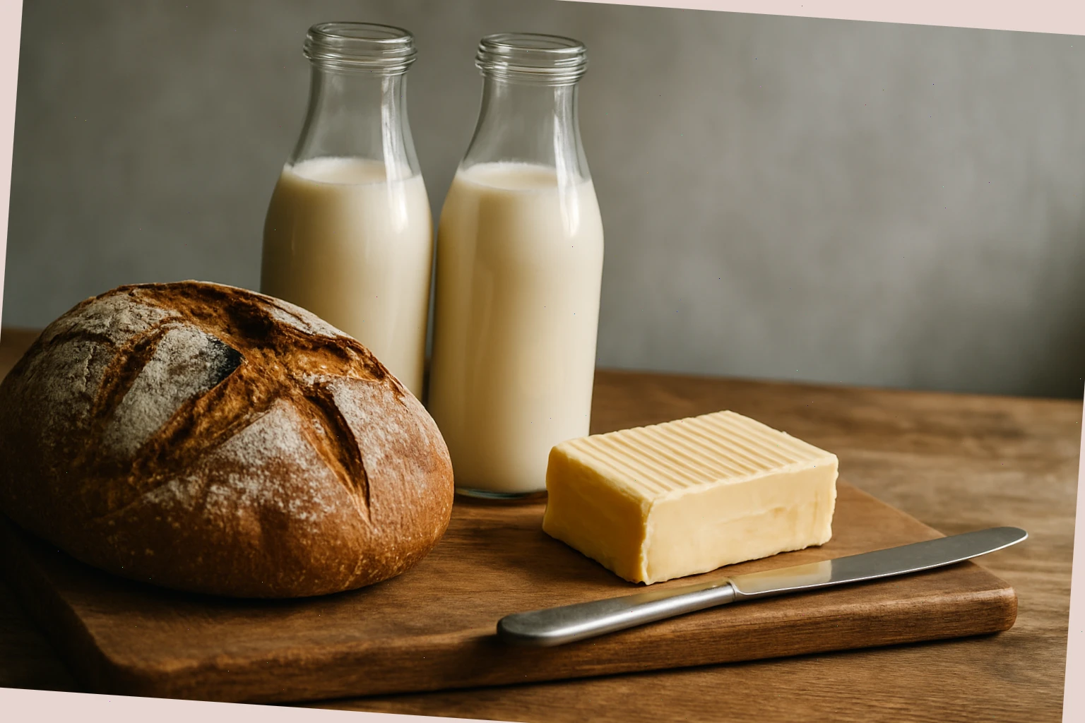 Glass bottles of milk with country loaf and farmhouse butter on a board