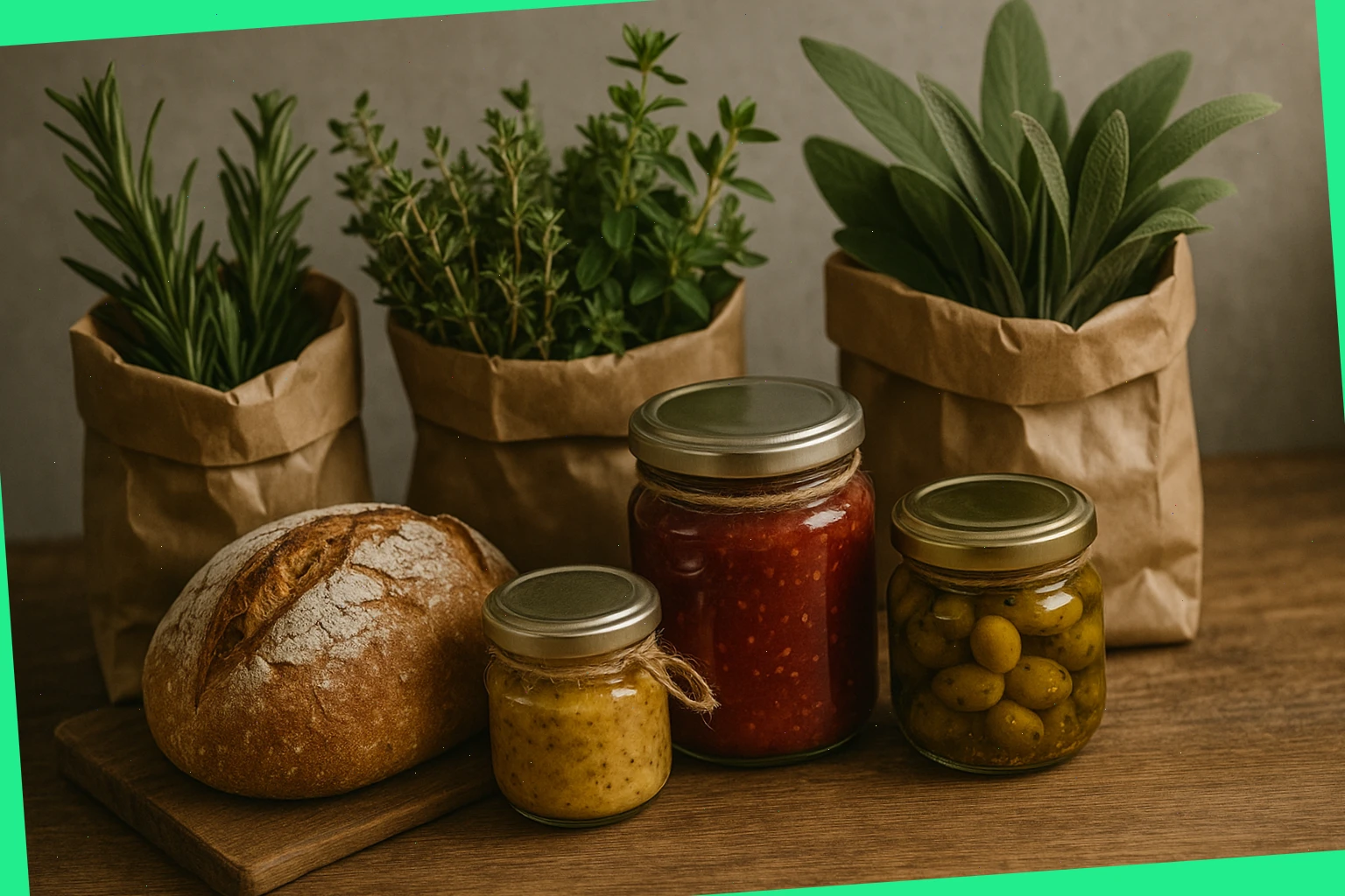 Small paper bags with herbs, preserves and pantry tasters