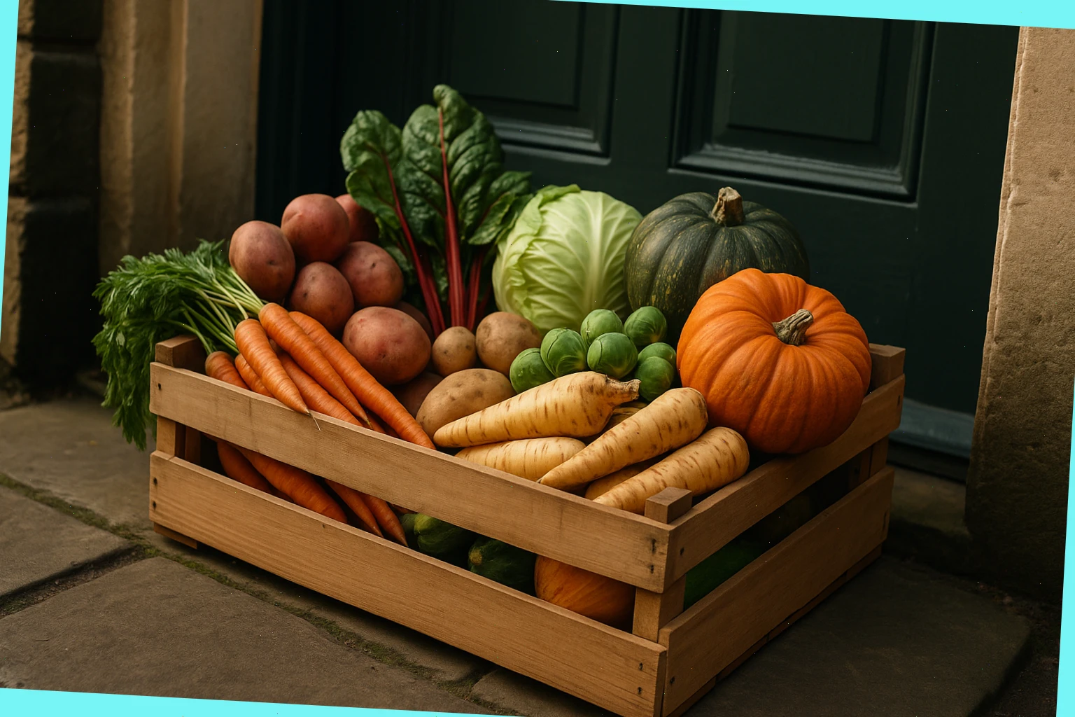 Wooden crate with mixed seasonal veg ready for doorstep delivery