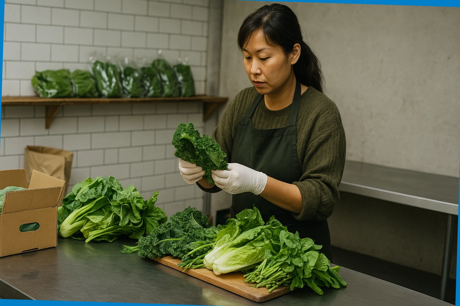 Packer Lin sorting leafy greens on a stainless bench