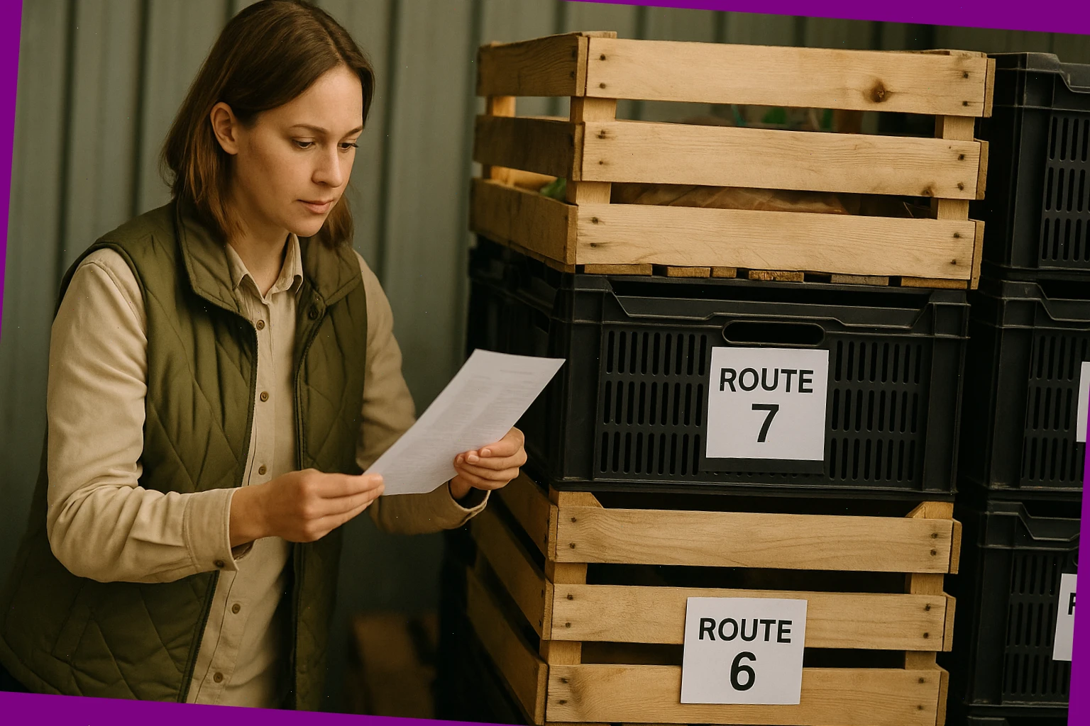 Depot coordinator Ella Moss checking route labels on stacked crates